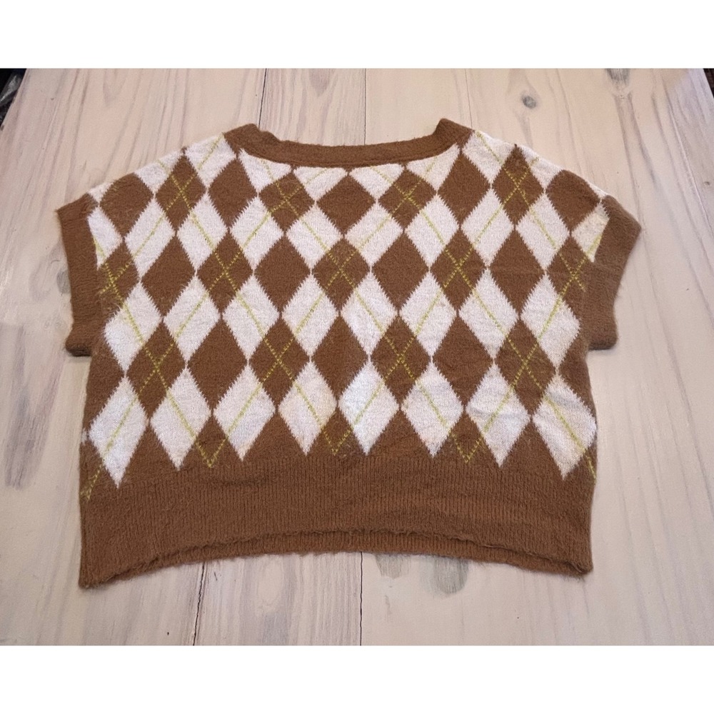Free People Argyle V-Neck Sweater Vest‎ Brown White Fuzzy Cropped Small Preppy - Picture 9 of 11